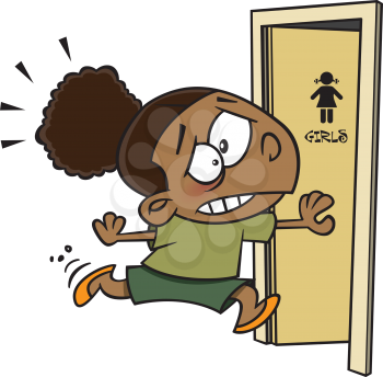 Royalty Free Clipart Image of a Girl Running to the Bathroom