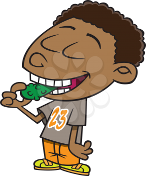 Royalty Free Clipart Image of a Boy Taking a Bit of a Pickle