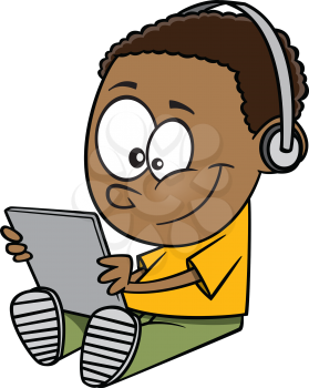 Royalty Free Clipart Image of a Boy Reading an Audio Book
