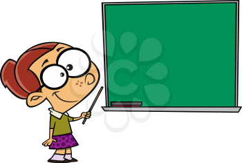 Royalty Free Clipart Image of a Little Girl at a Chalkboard