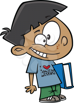 Royalty Free Clipart Image of a Little Boy Carrying a Book Wearing an I Love Literature Shirt