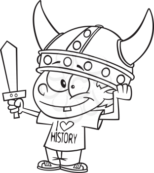 Royalty Free Clipart Image of a Boy Who Loves History Wearing a Viking Helmet