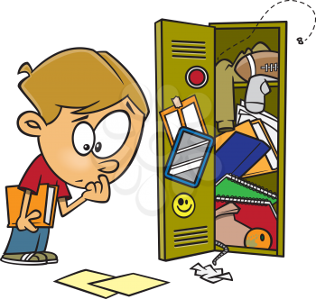 Royalty Free Clipart Image of a Boy Standing Beside a Messy Locker