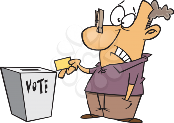 Royalty Free Clipart Image of a Man Voting With a Clothespin on His Nose