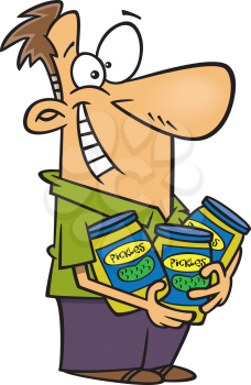 Royalty Free Clipart Image of a Man Holding Jars of Pickles