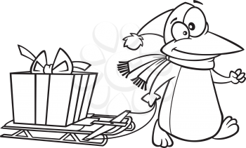 Royalty Free Clipart Image of a Penguin Pulling a Gift o a Sled
