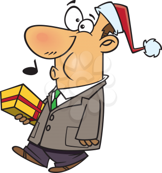 Royalty Free Clipart Image of a Man Strolling While Carrying a Christmas Gift