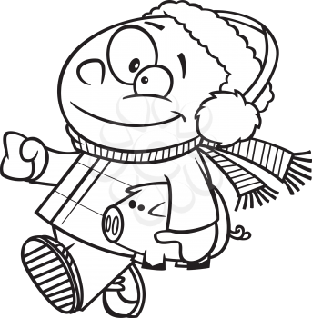 Royalty Free Clipart Image of a Little Boy in Winter Clothes Carrying a Piggybank Under His Arm