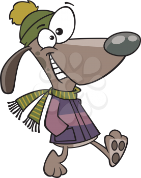 Royalty Free Clipart Image of a Dog Dressed in Winter Clothes Walking on His Back Legs