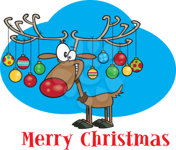 Royalty Free Clipart Image of a Reindeer With Ornaments Hanging from its Antlers on a Merry Christmas Greeting