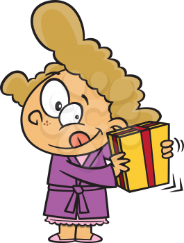Royalty Free Clipart Image of a Girl Shaking a Christmas Gift