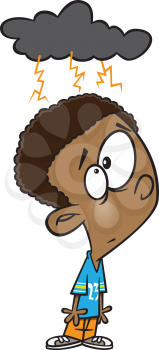 Royalty Free Clipart Image of a Boy With a Storm Over His Head