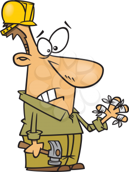 Royalty Free Clipart Image of a Workman With Bandaged Fingers Holding a Hammer
