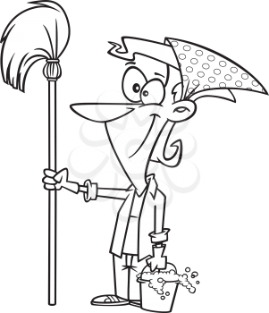 Royalty Free Clipart Image of a Woman Holding a Bucket and Mop