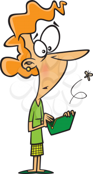 Royalty Free Clipart Image of a Fly Flying Out of a Woman's Wallet