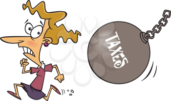 Royalty Free Clipart Image of a Woman Running from a Wrecking Ball With the Word Taxes on It