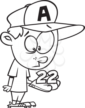 Royalty Free Clipart Image of a Little Baseball Player Looking at the Number 22 in His Glove