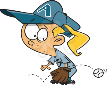 Royalty Free Clipart Image of a Girl Missing a Ground Ball