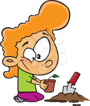 Royalty Free Clipart Image of a Little Girl Planting a Seedling