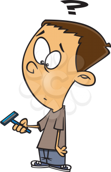 Royalty Free Clipart Image of a Boy Looking With a Question Mark Over His Head at a Razor