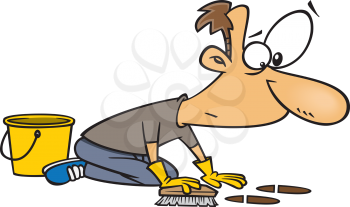 Royalty Free Clipart Image of a Man Scrubbing a Floor