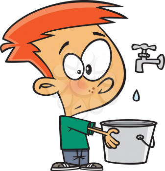 Royalty Free Clipart Image of a Boy Holding a Pail Under a Dripping Tap