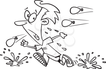 Royalty Free Clipart Image of a Boy Running from Water Balloons