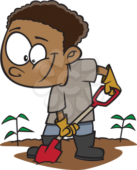 Royalty Free Clipart Image of a Boy Digging a Garden
