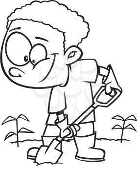 Royalty Free Clipart Image of a Boy Digging a Garden