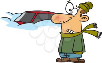 Royalty Free Clipart Image of a Man and a Snowed in Car