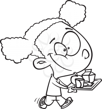 Royalty Free Clipart Image of a Girl Carrying a Tray of Food