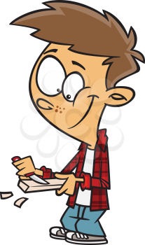Royalty Free Clipart Image of a Boy Whittling Wood