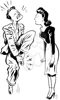 Royalty Free Clipart Image of a Man Hanging on to His Toe and His Dance Partner Looking at Him