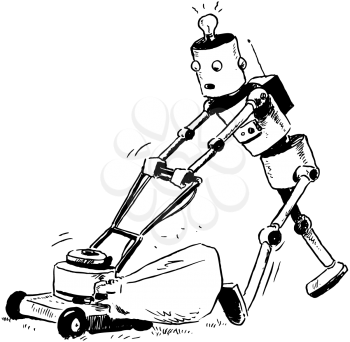 Royalty Free Clipart Image of a Robot Mowing the Lawn