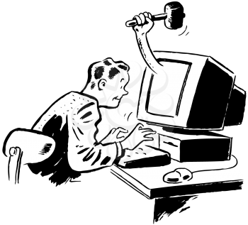 Royalty Free Clipart Image of a Man Sitting at a Computer About to Get Hit on the Head With a Mallet