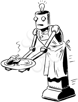 Royalty Free Clipart Image of a Robot Serving Dinner