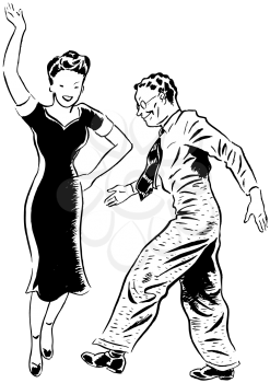 Royalty Free Clipart Image of a Woman With Her Arm in the Air and Her Partner Kicking His Foot