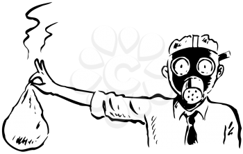 Royalty Free Clipart Image of a Man Holding Something Smelly and Wearing a Gas Mask