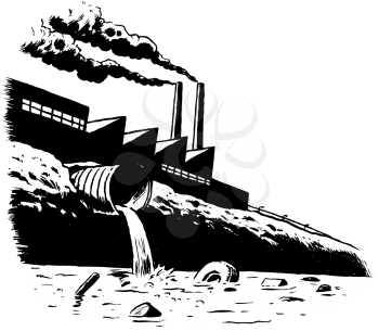 Royalty Free Clipart Image of a Factory Dumping Waste into Water
