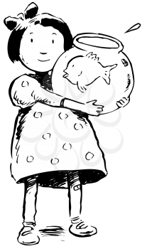 Royalty Free Clipart Image of a Girl Holding a Fishbowl With a Fish
