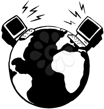 Royalty Free Clipart Image of Two Computers Sitting on the World