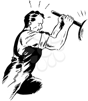 Royalty Free Clipart Image of a Strong Man Pulling a Lever