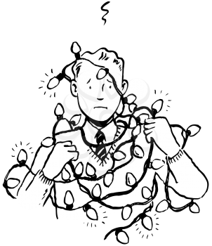 Royalty Free Clipart Image of a Tangled Christmas Lights and a Man