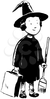 Royalty Free Clipart Image of a Child Out for Halloween Wearing a Witch Costume
