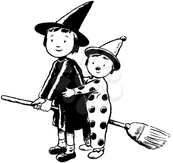 Royalty Free Clipart Image of a Little Witch and a Clown on a Broom