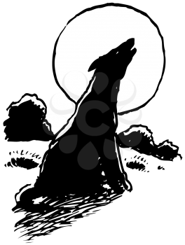 Royalty Free Clipart Image of a Wolf Howling at a Moon