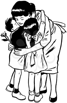 Royalty Free Clipart Image of a Mother Hugging Her Children