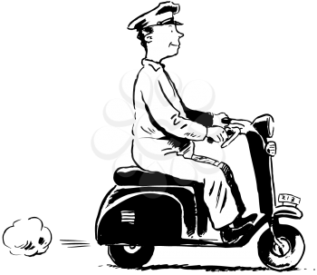 Royalty Free Clipart Image of a Man on a Motor Scooter