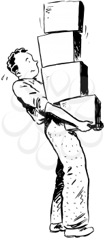 Royalty Free Clipart Image of a Man Carrying a Stack of Boxes