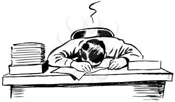 Royalty Free Clipart Image of a Guy Sleeping at the Desk